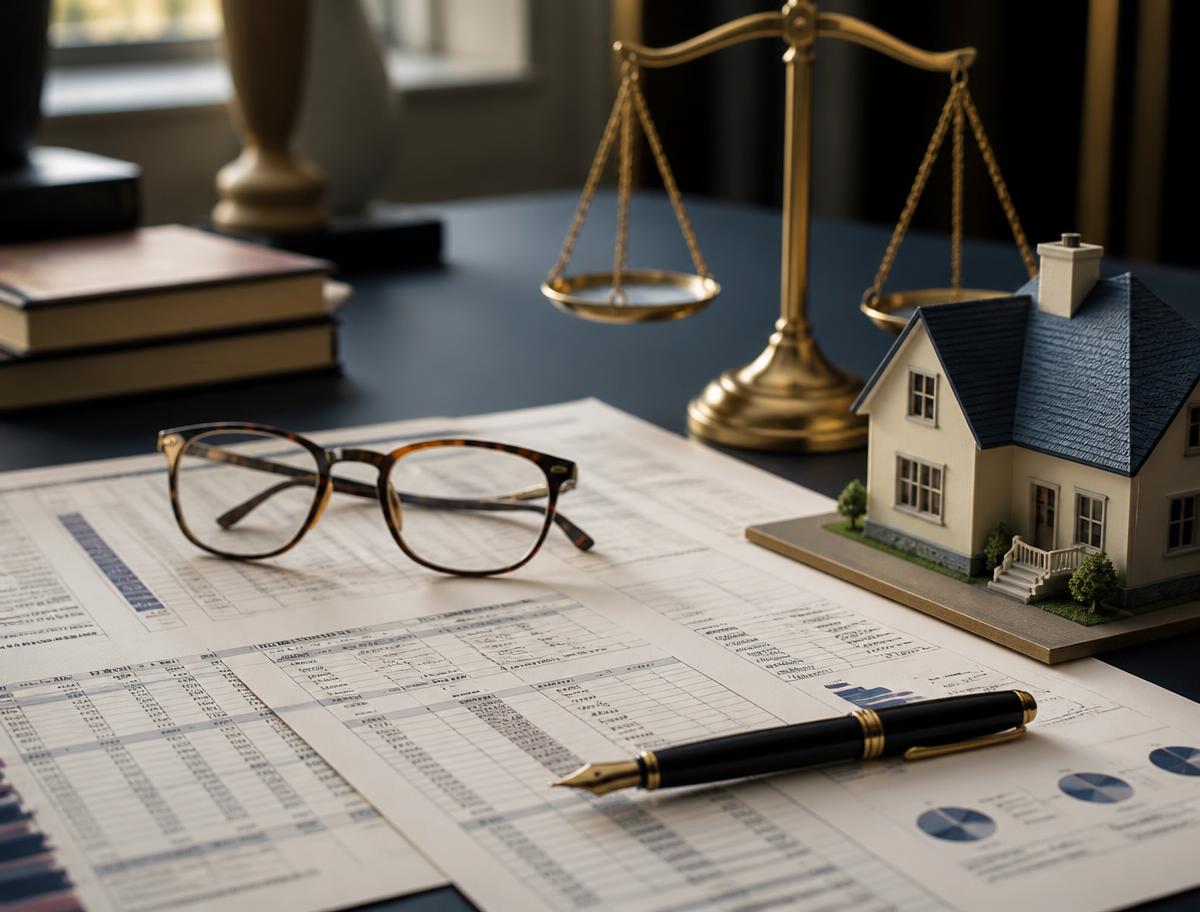 Asset division worksheets, brass scales and a model house on an advisor's desk