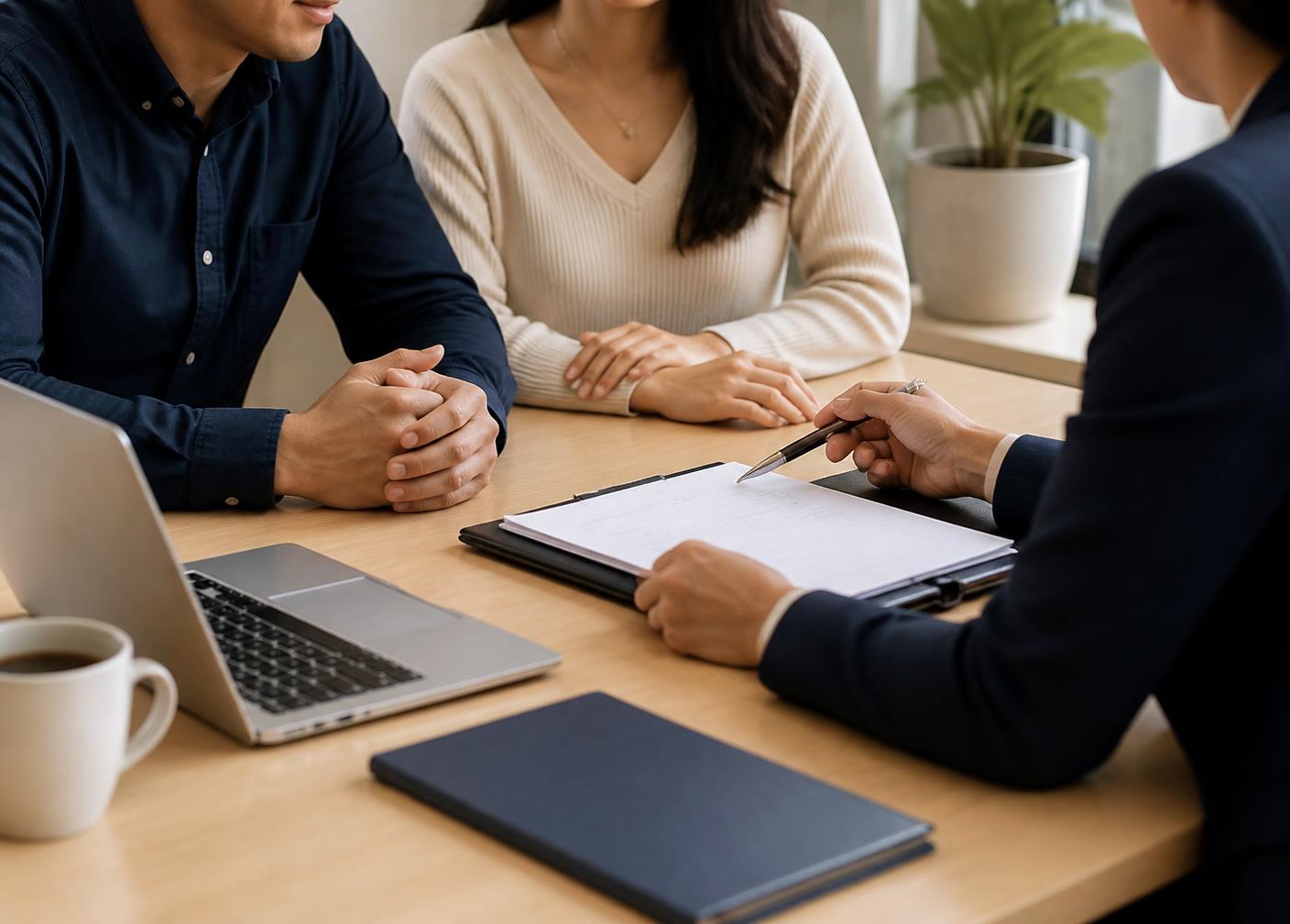 A couple reviewing financial paperwork with their divorce financial planner