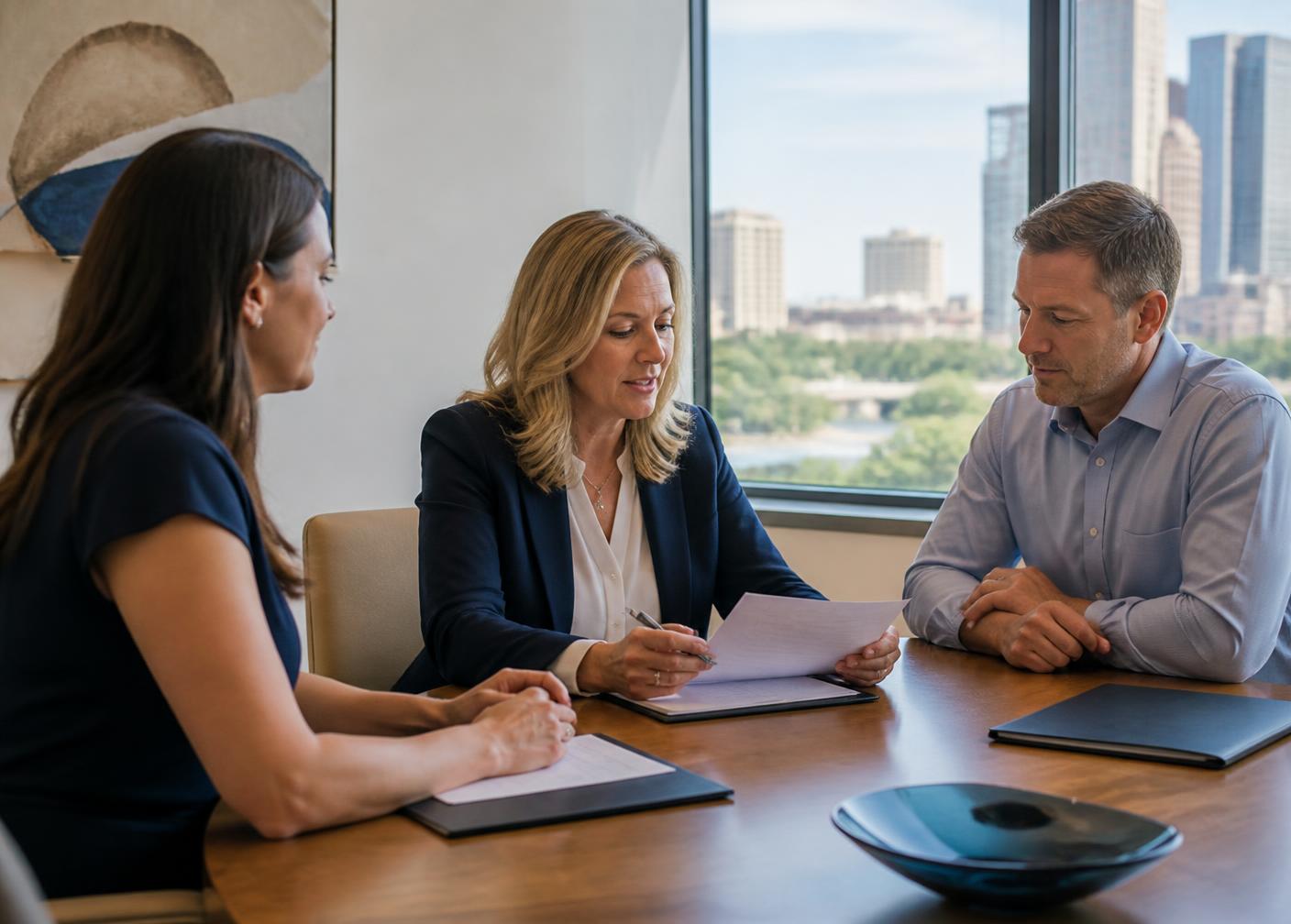 A financial advisor reviewing settlement documents with two clients in an Austin office